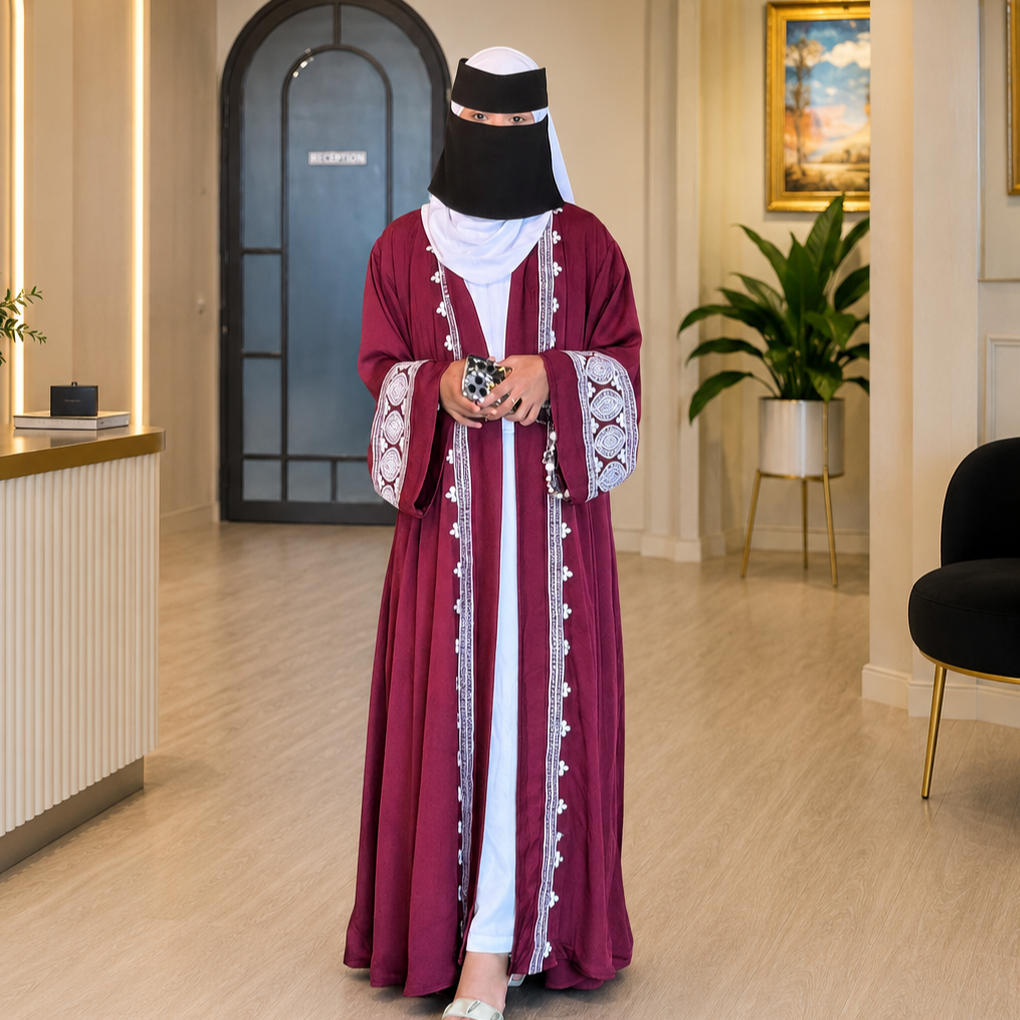 Exclusive Rose Arabian Borka 3-Piece Set – Original Dubai Fabric & Embroidery (Koti, Inner & Hijab)