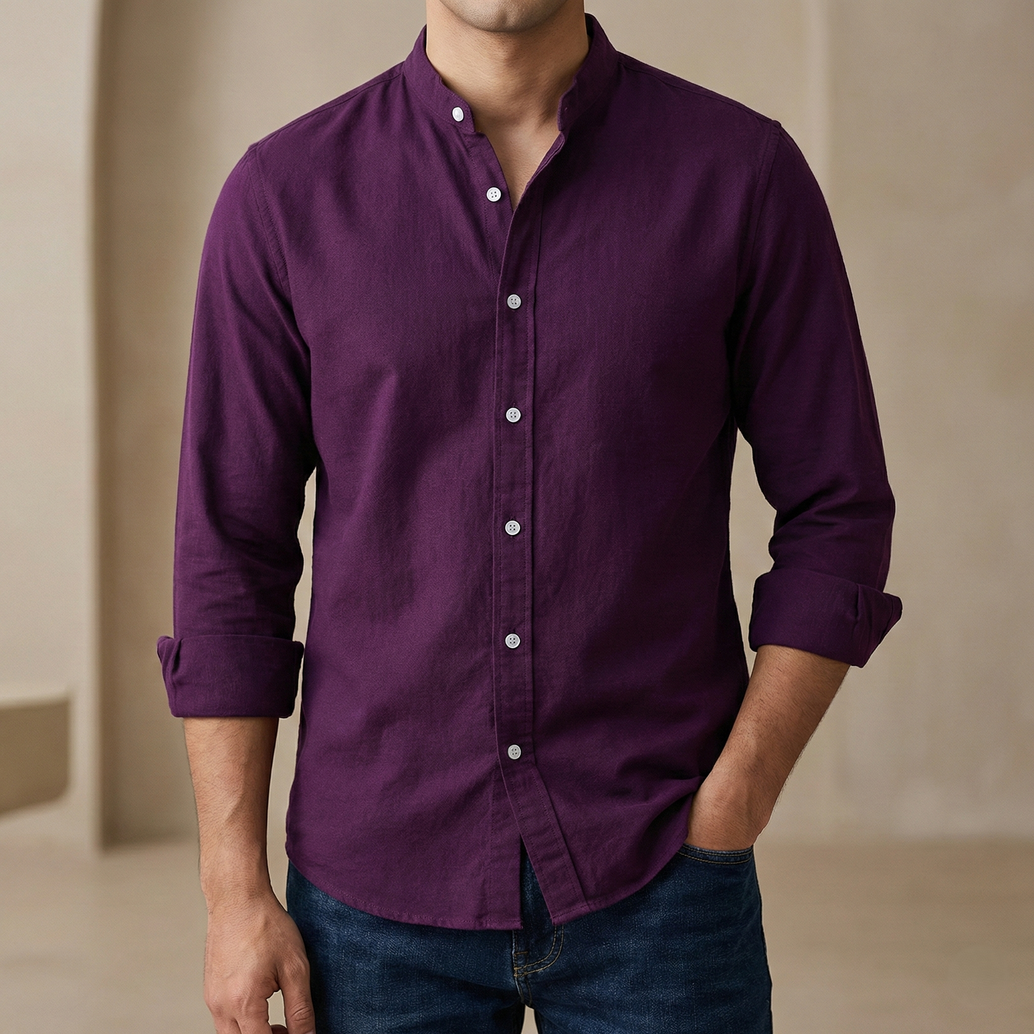 Men’s Solid Colour Ban color Shirt  (purple)