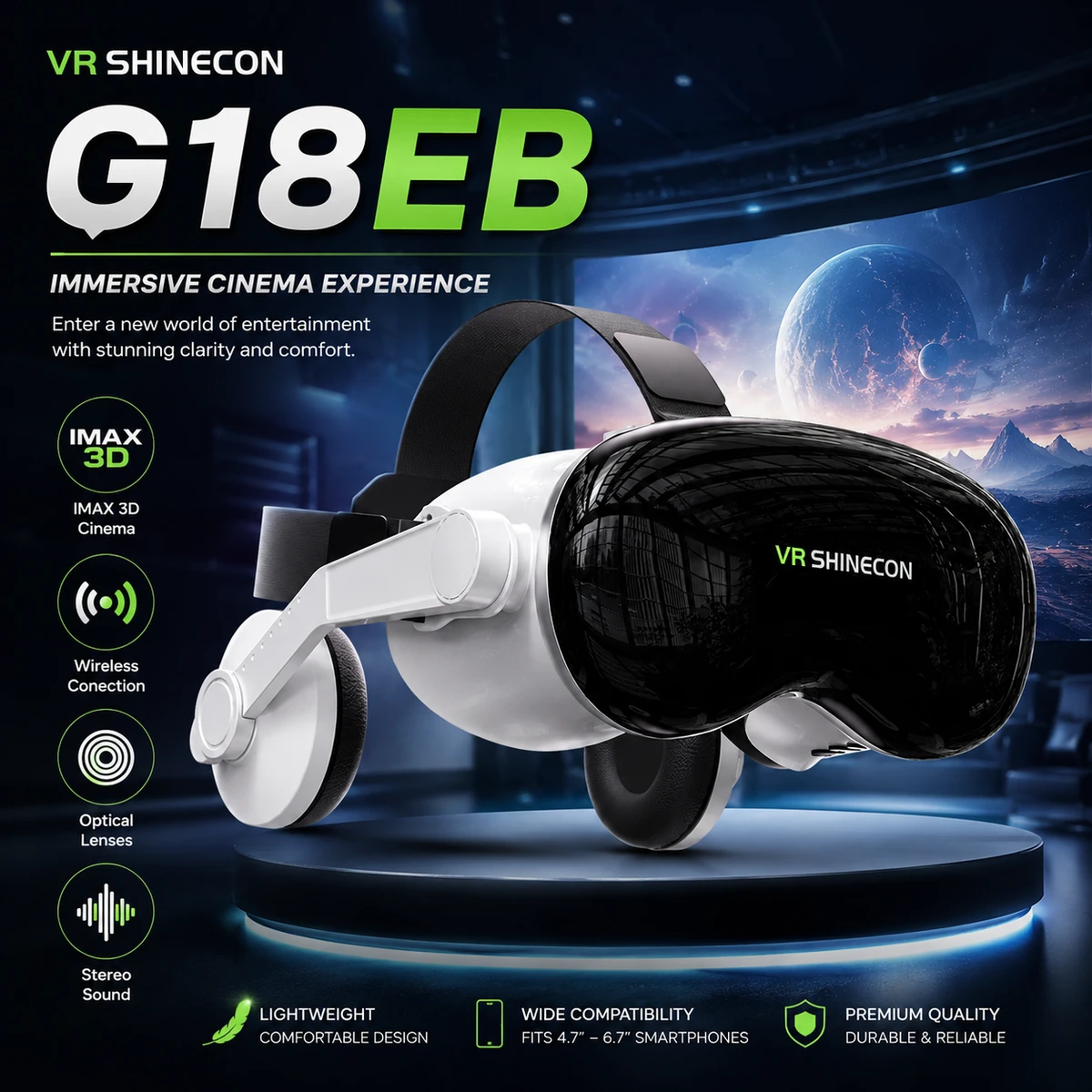 Shinecon G18EB 3D VR Glasses HD Lenses for 4.7-7″ Smartphones Android iOS
