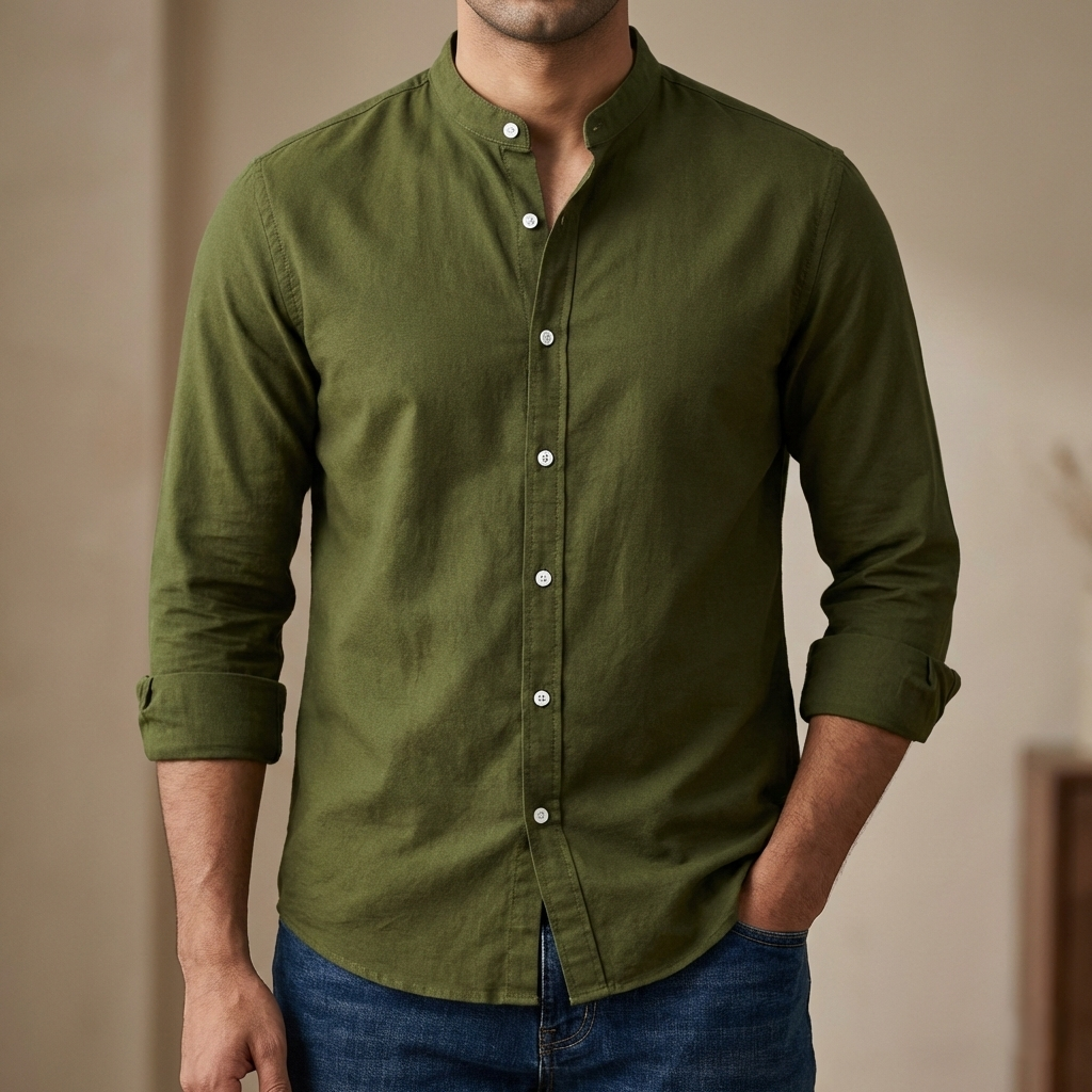 Men’s Solid Colour Ban color Shirt  (olive)