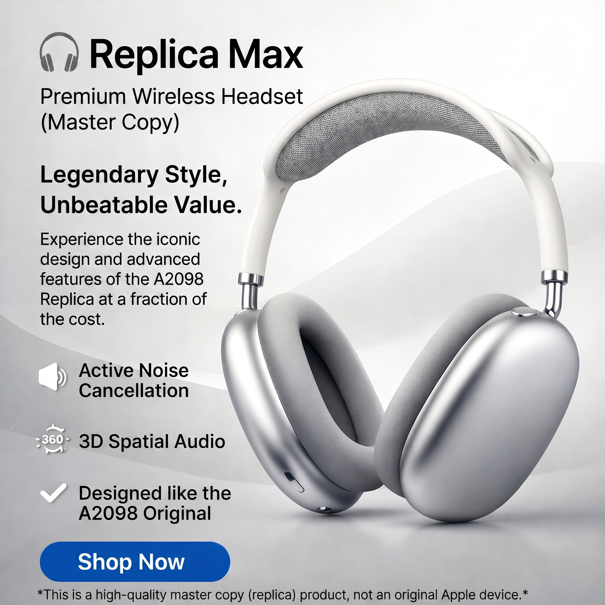 AirPods Max Wireless Over-Ear Headset (Premium Master Copy) – Model A2098 | Active Noise Cancellation, Spatial Audio, Bluetooth & Long Battery Life